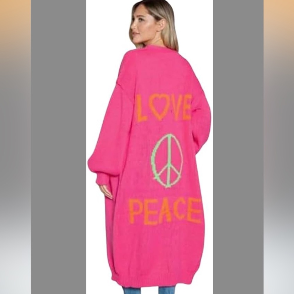 Pink Long Cardigan with Peace Sign